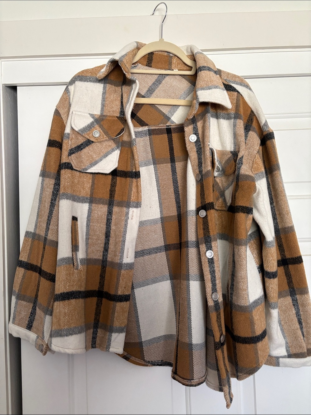 Amazon Plaid Shacket Jacket in Cream, Brown & Black